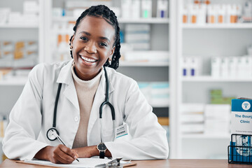 Black woman, pharmacist portrait and smile consultant with stock and health research for wellness. Happy, pharmacy worker and documents of a pharmaceutical employee ready for healthcare work