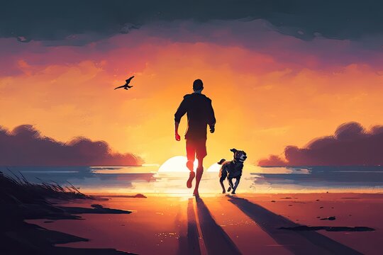 a man running with his dog on the beach at sunset, digital painting, ai art, illustration