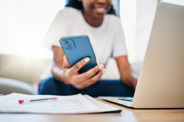 Student, phone black woman hands on laptop for internet research, search or networking for university project. Education, hand or girl with smartphone for communication, social media or reading blog