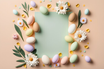 Fototapeta na wymiar Modern Easter Minimalism Egg and Flowers background. Generative AI