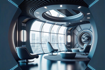 Modern futuristic living room with technology (Generative AI)