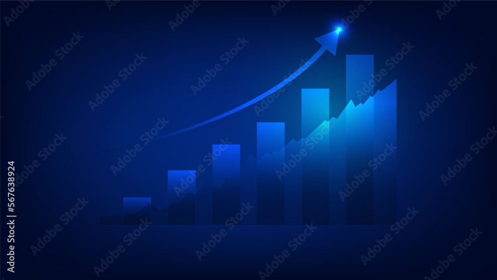 Wall mural bar chart with uptrend arrow show growth of business performance and profit of investment on blue ba