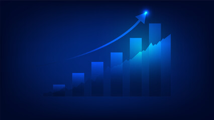 bar chart with uptrend arrow show  growth of business performance and profit of investment on blue background