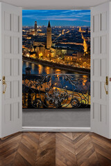 View from the window, beautiful evening landscape. Photo wallpaper with a view of the city. A city in Italy. View from the balcony. Fresco for the interior. - 567639766
