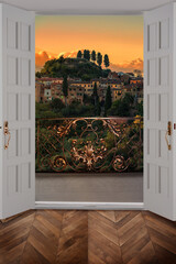View from the window, beautiful evening landscape. Photo wallpaper with a view of the city. A city in Italy. View from the balcony. Fresco for the interior.