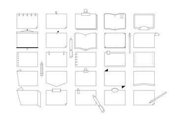 Paper frame illustration material set stationery memo notebook sticky note. Pen, pencil, paper clip, pushpin - obrazy, fototapety, plakaty