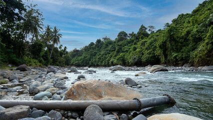 a clear and swift river with large boulders in the middle of the forest