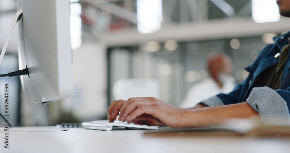 Poster Hands, typing and computer with a business man at work on a report, project or deadline in his office. Data, email and web with a male employee working on a desktop for networking or communication