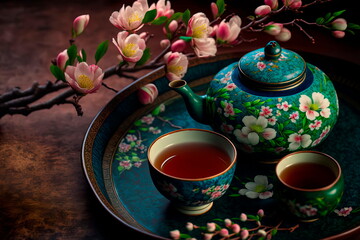 Obraz na płótnie Canvas Traditional Asian tea ceremony apple blossom flowers. Generative AI