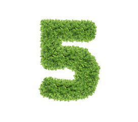 Grass number Five isolated on white background. Symbol 5 with the green lawn texture. Eco symbol...