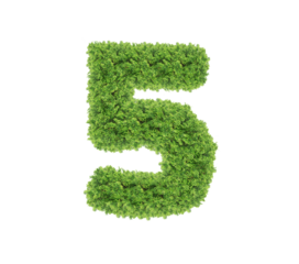 Grass number Five isolated on white background. Symbol 5 with the green lawn texture. Eco symbol collection. with clipping path and alpha channel for both printing and web pages.