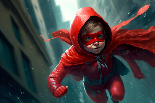 A child superhero in a mask flies against the backdrop of the city to help people in a red raincoat Generative AI