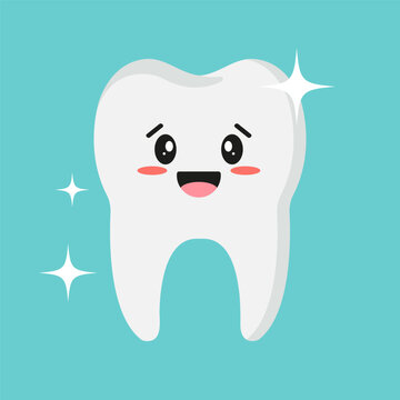 Cute Tooth with Kawaii face. Healthy Tooth concept vector illustration. Isolated on blue background.
