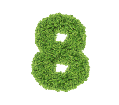 Grass number Eight isolated on white background. Symbol 8 with the green lawn texture. Eco symbol collection. with clipping path and alpha channel for both printing and web pages.