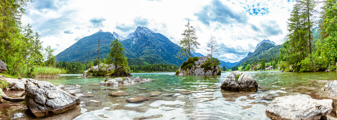 Landscape scenery, Travel destination Lake Hintersee near Ramsau in Berchtesgaden. View from the...