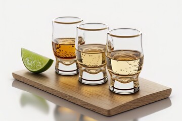 Three shot of alcohol tequila with lime on wood board with a white background. Generated by AI. - obrazy, fototapety, plakaty
