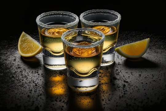 Three shots of tequila with lime and salt on a black table. Generated by AI.