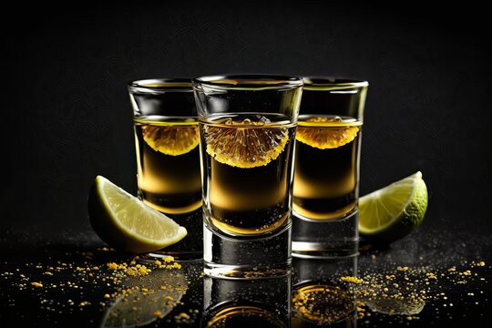 Three shots of alcohol with lemon and slat. Mexican tequila shooters on a black background. Generated by AI.