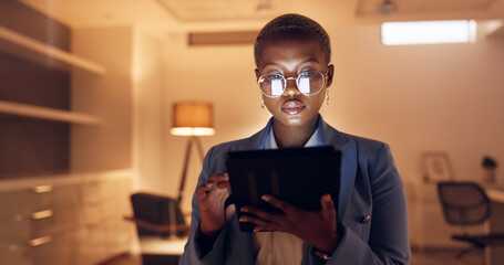 Tablet, night reading business woman with glasses for social media marketing, digital analytics or...
