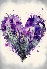 Fotobehang Heart-shape of Lavender flower watercolor background © michael