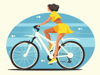 Fototapeta na wymiar Beautiful woman in a yellow dress rides a bicycle on the road. Vector illustration