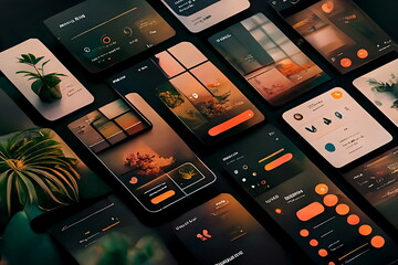 Modern user interface design template. Conceptual mobile phone screen mock-up for application interface. Minimalistic, aesthetic, dark, orange, white, gray. - obrazy, fototapety, plakaty