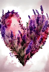Fotobehang Heart-shape of Lavender flower watercolor background © michael