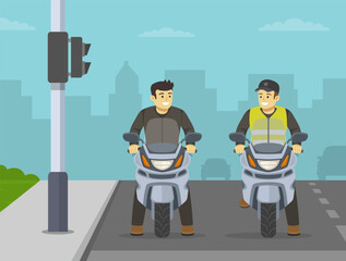 Motorcycle riding scene. Happy two male moto riders talking each other at traffic stop line. Front view of a bikers waiting on red traffic signal. Flat vector illustration template.