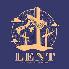 Lent 40, a season of renewal - Gold cross crucifix with cloth and two cross crucifix on the side in circle on purple background flat style vector design - obrazy, fototapety, plakaty