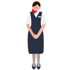 機内サービスをするエプロン姿の女性客室乗務員のイラスト