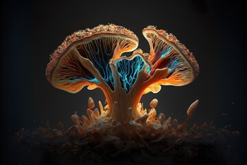 abstract illustration of mushroom fungus hypha mycelium tendrils, scary horrific creatures, generative ai