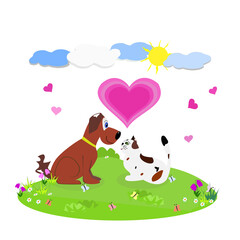 Friendly brown big dog and nice white cat in love  on the beautiful spring meadow.