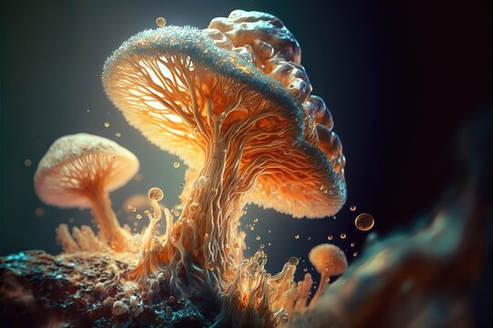 abstract illustration of mushroom fungus hypha mycelium tendrils, scary horrific creatures, generative ai