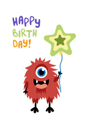 Monster. Happy Birthday. Red monocular monster with balloon. Flat, cartoon, vector