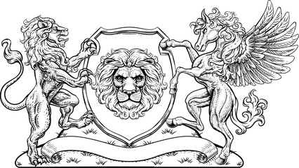 A crest coat of arms family shield seal featuring lions and Pegasus horse with wings