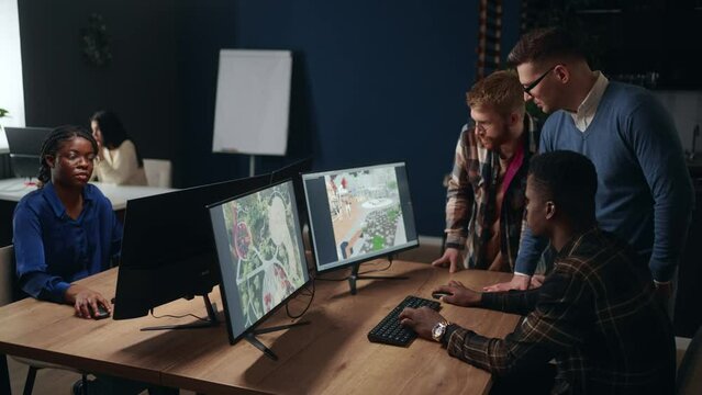 working day of design and architecture company, 3D designer, engineer and architect discussing draft