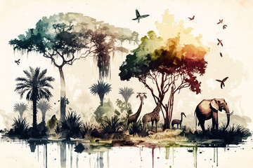 Watercolor painting style, high quality digital art, landscape on an African tropical jungle , Generative AI