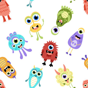 Colorful kind monster seamless pattern. Multicolored monsters. Flat, cartoon, vector