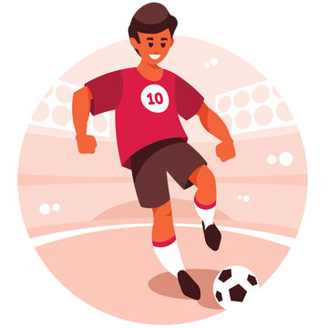 Player In Sports Uniform Plays Soccer, Scores Goal With Ball. Teenage Striker In Football Team Game Pass Or Kick Ball. A Boy Football Player, In A Red Sports Shirt, Kicks A Soccer Ball. Vector