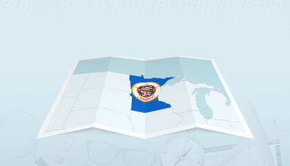 Map of Minnesota with the flag of Minnesota in the contour of the map on a trip abstract backdrop.