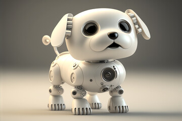 Cute robotic puppy on empty background. White happy little dog robot. Futuristic pet assistant powered by artificial intelligence. Generative ai