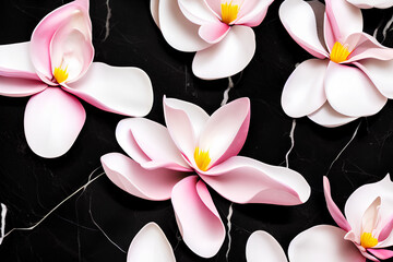 Obraz na płótnie Canvas Magnolia flower petals on black marble background. Pattern, tile, illustration, wallpaper, wall, painting. Generative AI