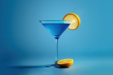 Blue cocktail glass in a blue luxury interior. Generative AI