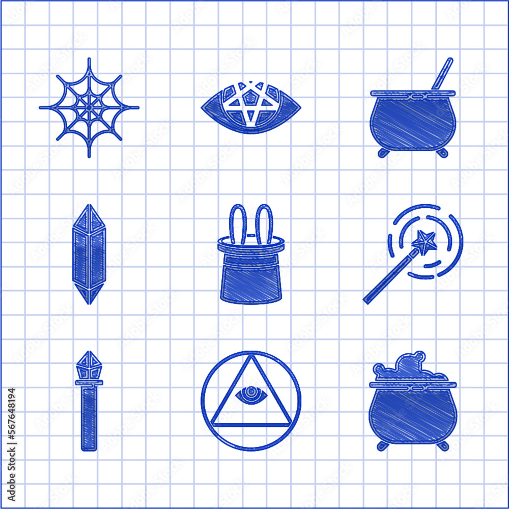 Poster Set Magician hat and rabbit ears, Masons, Witch cauldron, wand, staff, stone, and Spider web icon. Vector