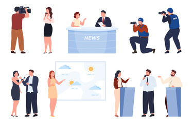 TV news, journalists, presenters of news programs. Collection of informative news in various situations. Vector illustration