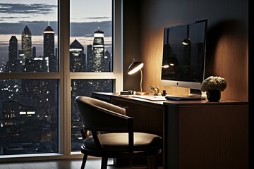 Modern dark home office interior background. generative ai.