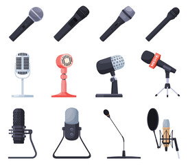 A set of microphones of different types. Audio recording tools. Vector illustration