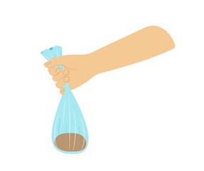 Poop in packet. Hand is holding poo in bag. Flat, cartoon, vector