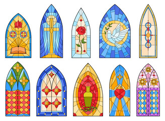 Beautiful colored stained glass windows. Temple mosaic glass windows, room lighting. Vector illustration