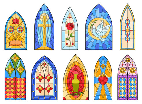 Beautiful colored stained glass windows. Temple mosaic glass windows, room lighting. Vector illustration